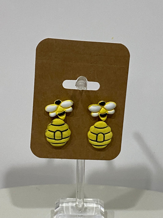 Bee and bee hive stud earrings