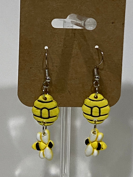 Bee hive and bee two tier dangle earrings